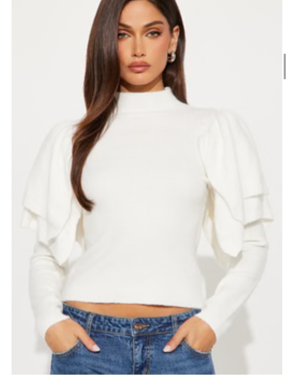Fashion Nova White Mock Neck Puff Sleeve Sweater